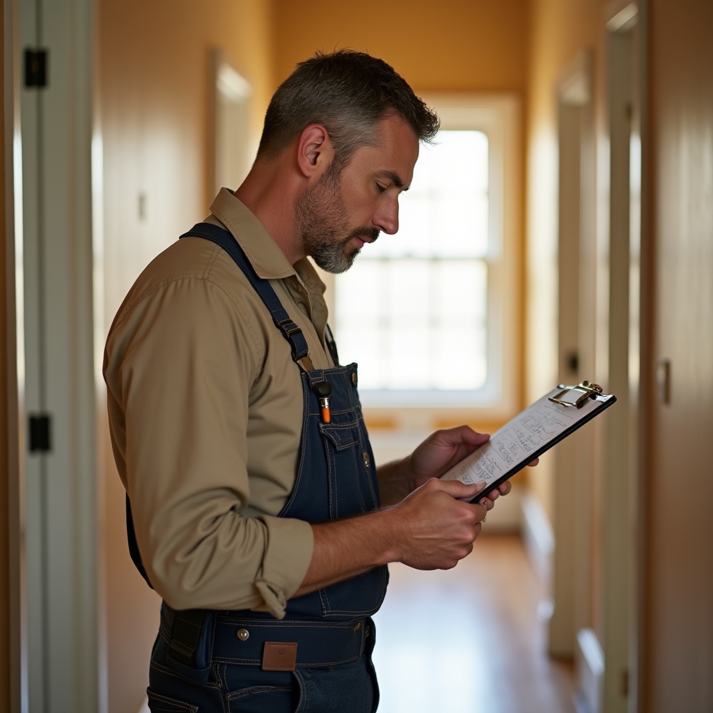 Handyman reviewing a repair checklist on a clipboard inside a well-lit home