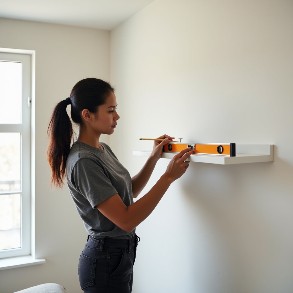 Professional handyman carefully mounting a floating shelf on a clean white wall