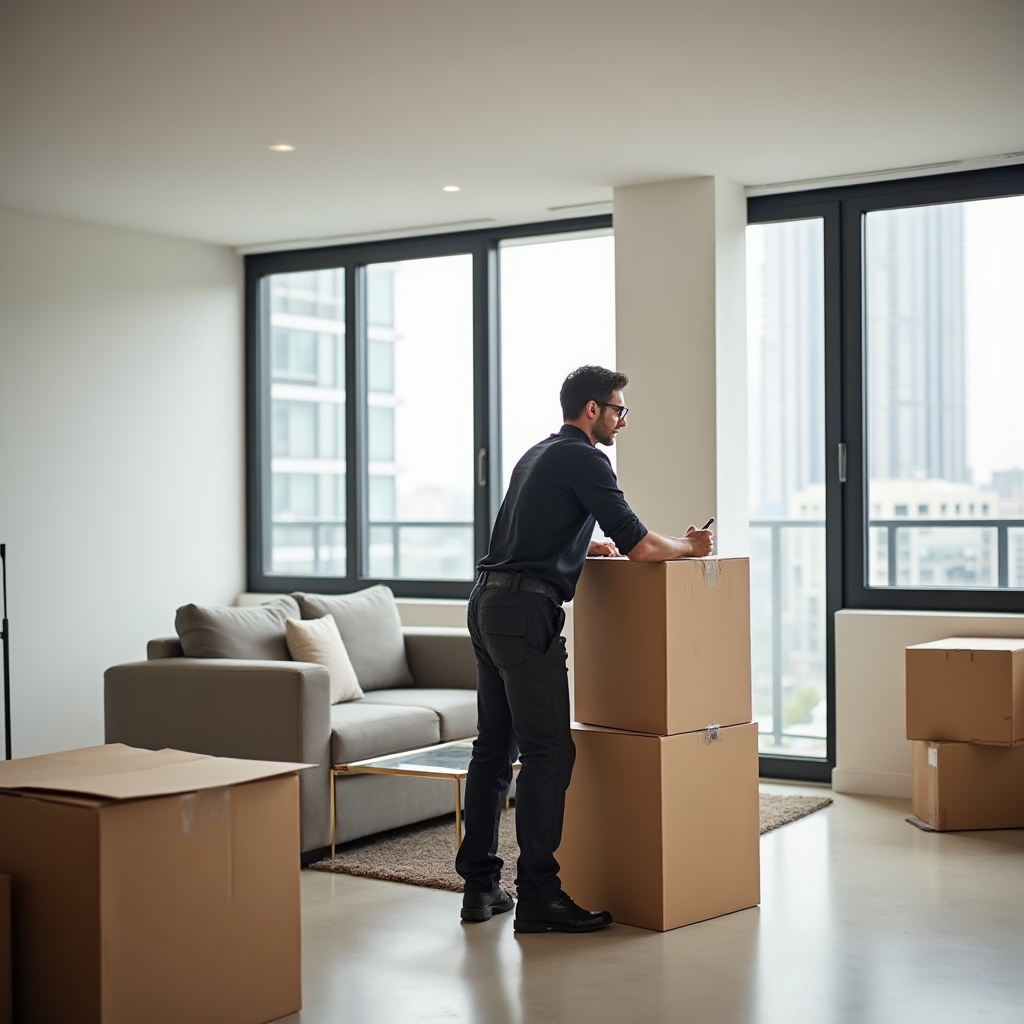 Handyman performing repairs in a modern urban apartment setting